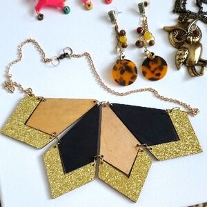 Ecclectic Y2K Jewelry Gold Geometric Necklace Owl Pendant Earrings Handmade